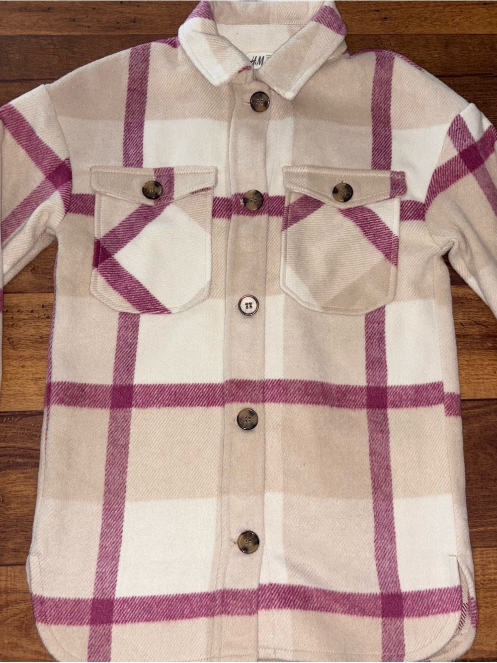 H&M Kids Plaid Shirt Jacket Shacket Cream Berry Pink Beige - Size US 8 (8-9Y)